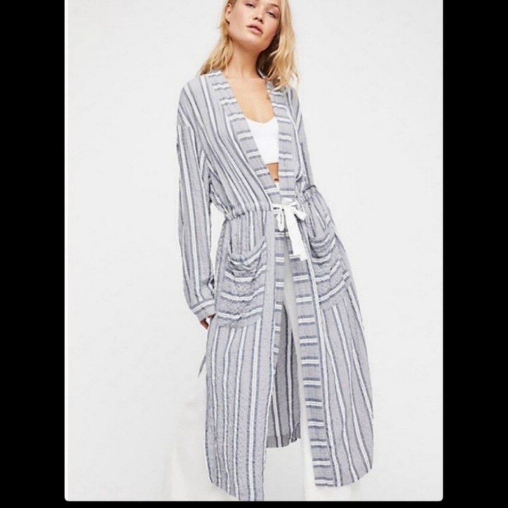 Free People Striped Long Tie-Waist Robe in Grayish Blue and White Large